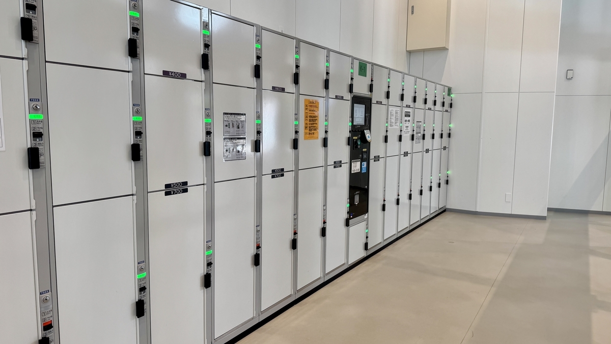 Rows of coin lockers including large ones with indicator lights