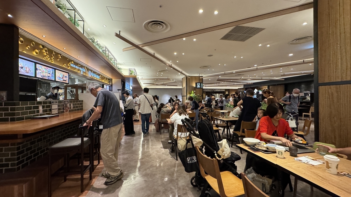 Shared seating area in the Hanshin Dai-Shokudo food hall, filled with people enjoying meals at tables and counters.