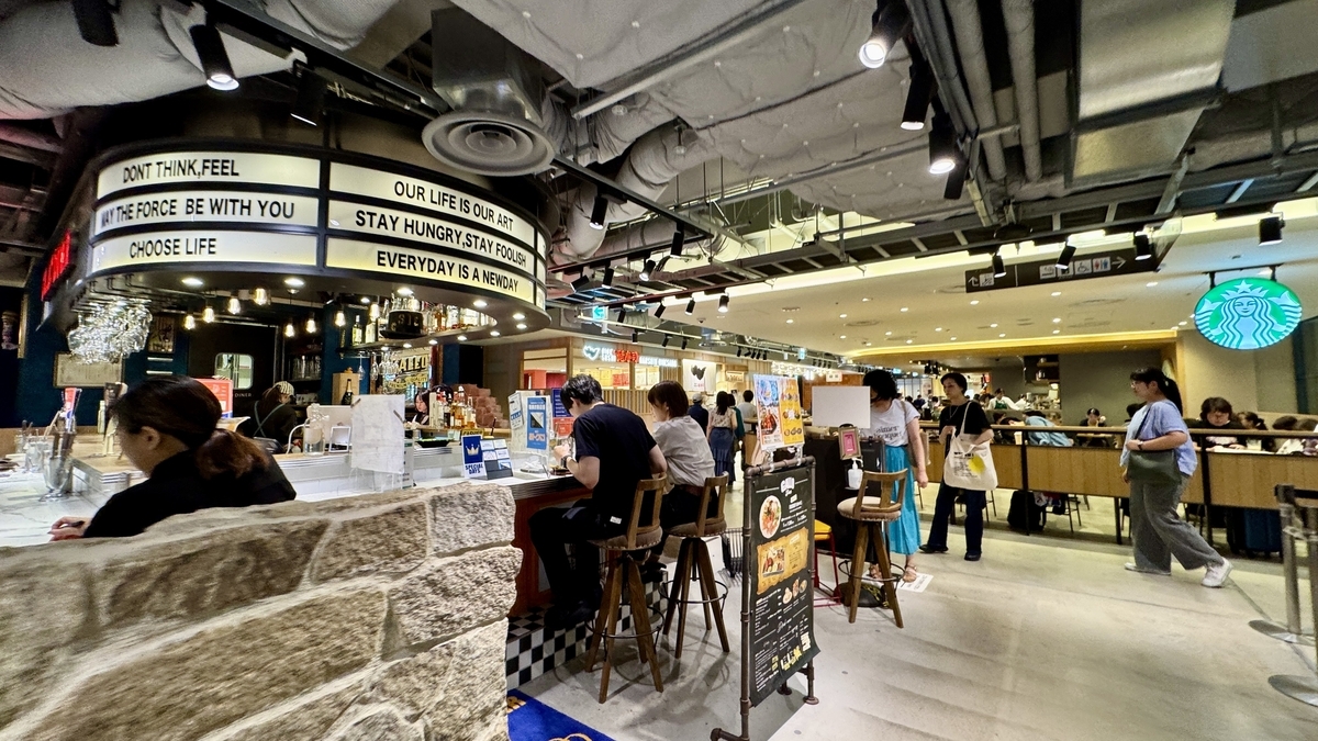 阪神バル横丁の通路に並ぶ店舗と客席 昼飲みを楽しむ人々でにぎわう