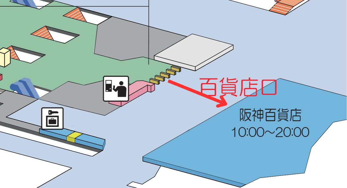 阪神電車大阪梅田駅百貨店口改札から阪神百貨店梅田本店へのルートマップ