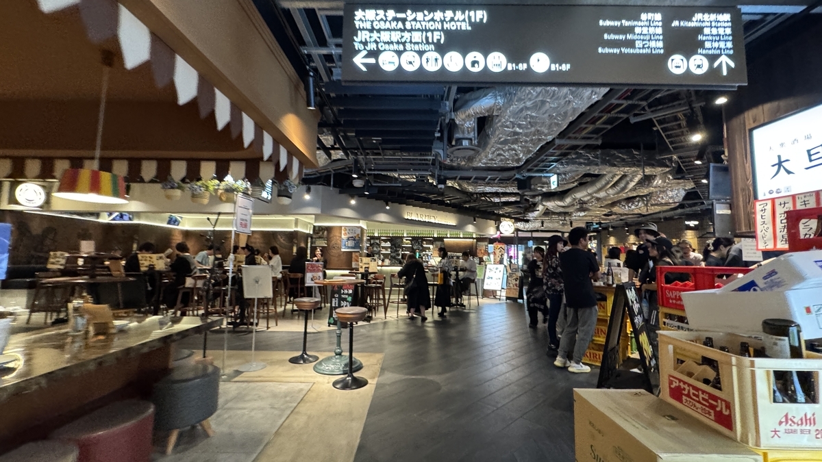 うめよこの店舗が並ぶ通路全体の様子とにぎわう横丁の風景