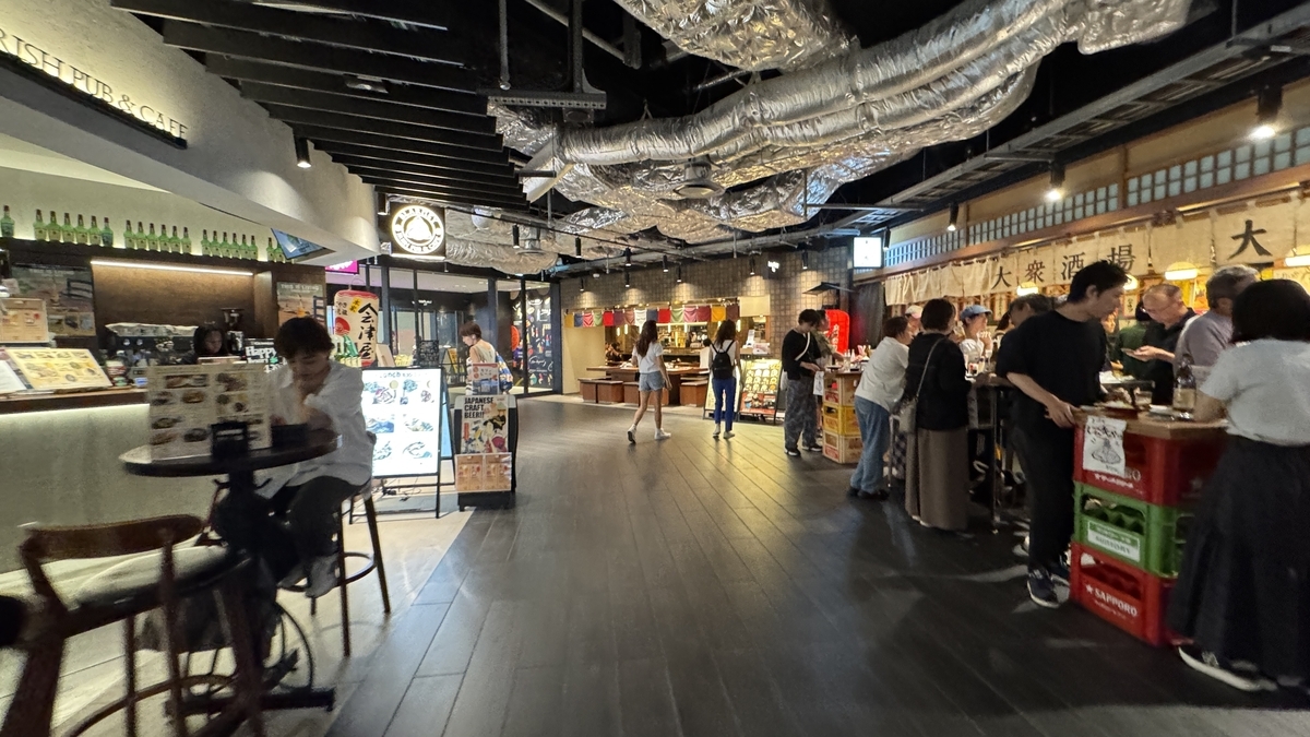 うめよこの通路に沿って並ぶ飲食店と多くの来店客の様子