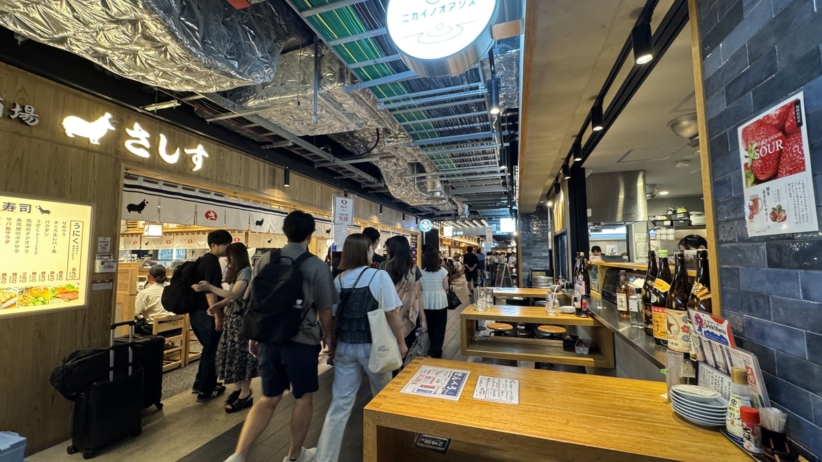 すし酒場さしす付近の店舗前でにぎわう通路の風景