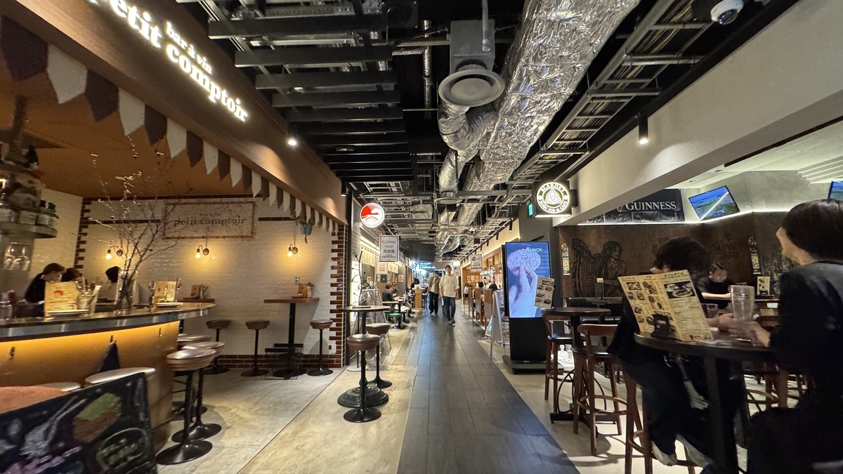 KITTE大阪うめよこの通路全体と複数の飲食店が並ぶ夜の風景