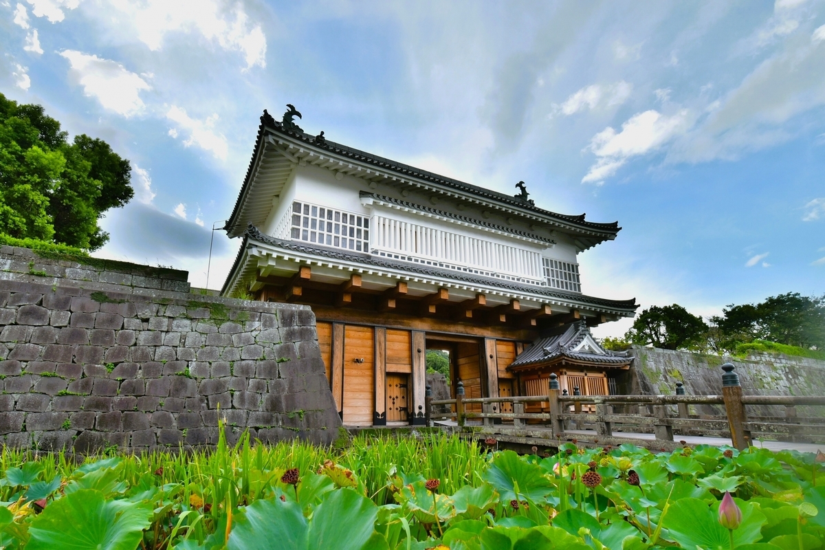 Close-up view of the majestic Goromon Gate standing atop stone walls