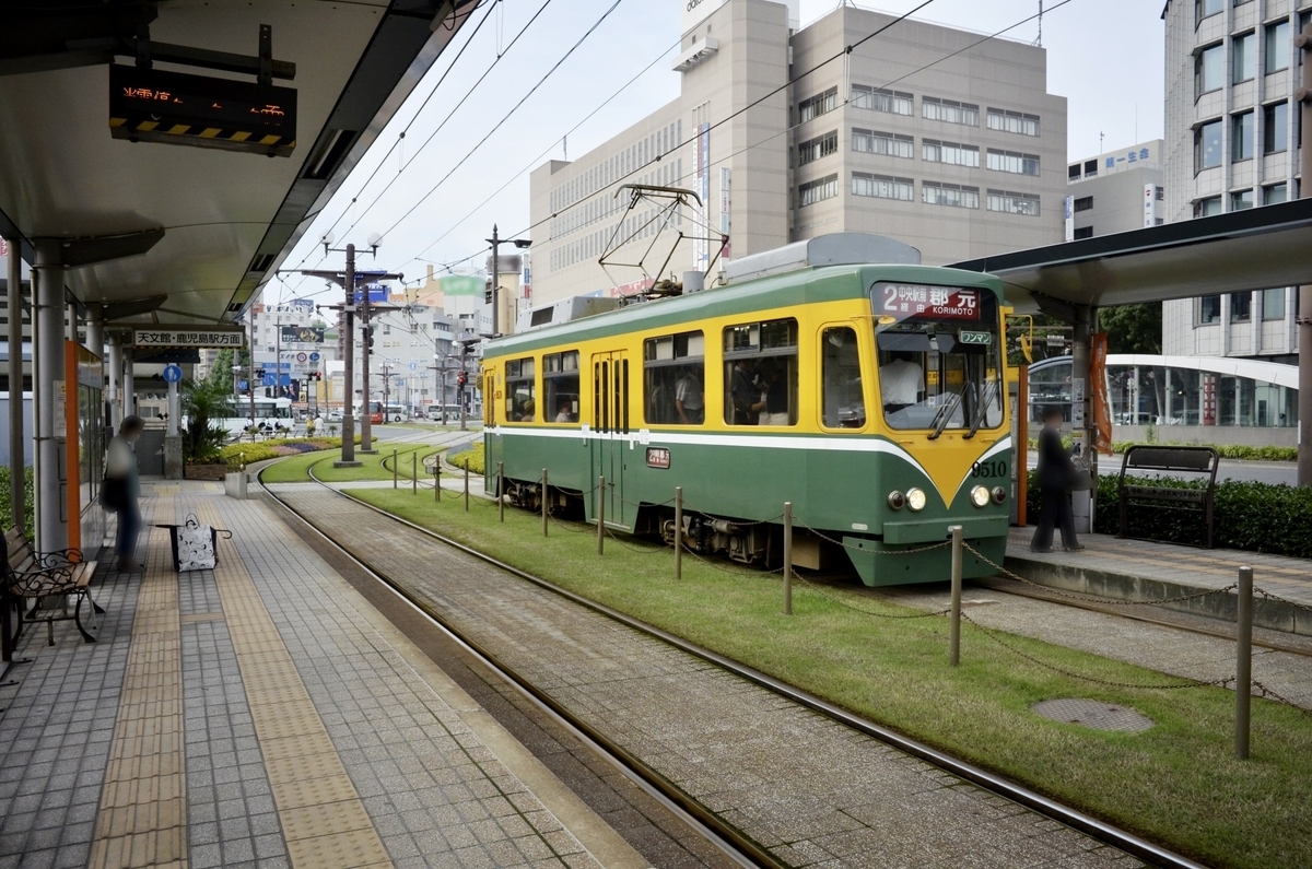 Kagoshima City tram stopped at Shiyakusho-mae with cityscape along the line