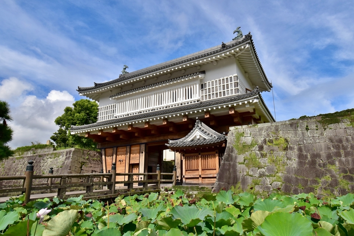 Stone walls and blue sky framing the restored Goromon Gate at Kagoshima Castle Ruins