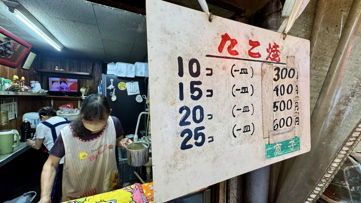 Menu board and the owner cooking takoyaki
