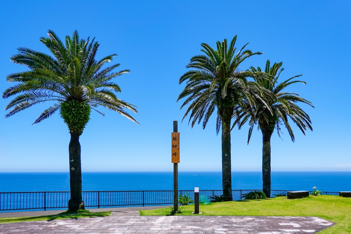 วิวมหาสมุทรแปซิฟิกที่มองเห็นผ่านต้นฟีนิกซ์และป้ายสัญลักษณ์ช่องเขาโฮริคิริใต้ท้องฟ้าสีฟ้า