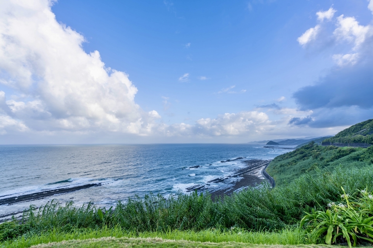 ทิวทัศน์ชายฝั่งที่สงบและทะเลสีฟ้าใต้ท้องฟ้าที่มีเมฆนุ่มลอยกระจาย