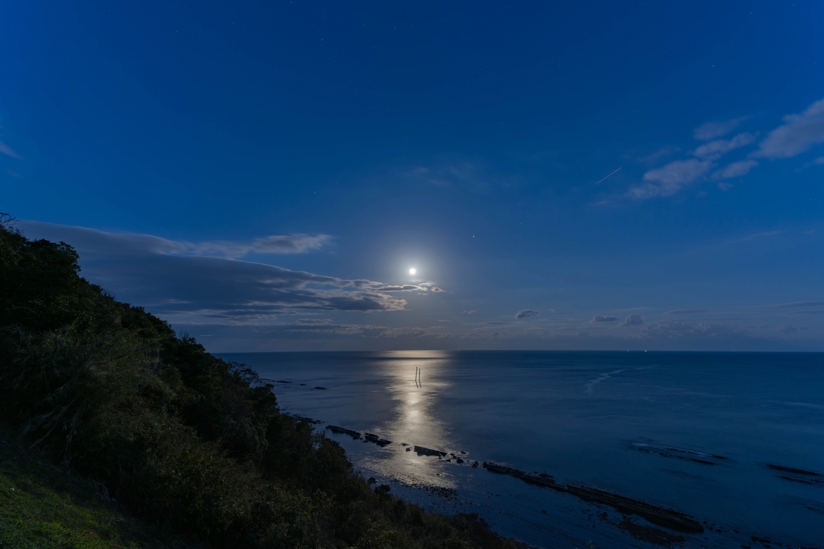 วิวชายฝั่งนิชินันยามค่ำคืนที่สงบ โดยมีแสงจันทร์สะท้อนบนผิวน้ำ