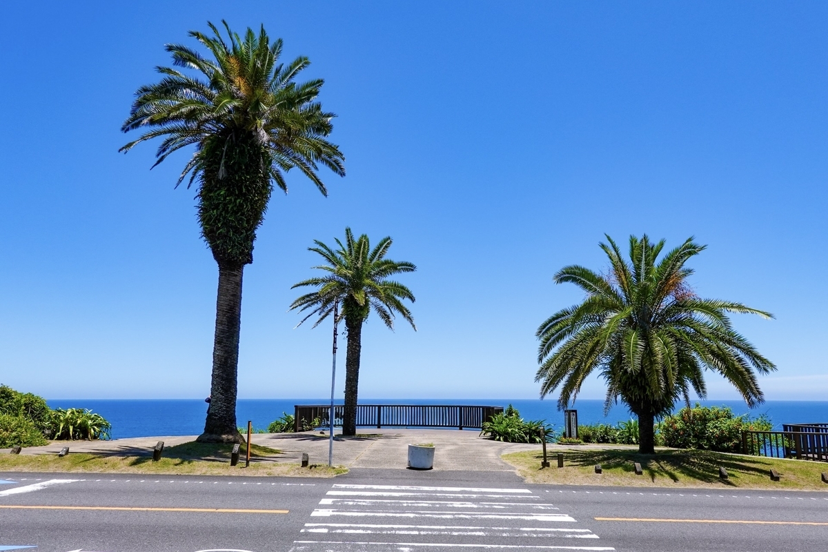 横断歩道の先に広がるフェニックスの展望デッキと青い海
