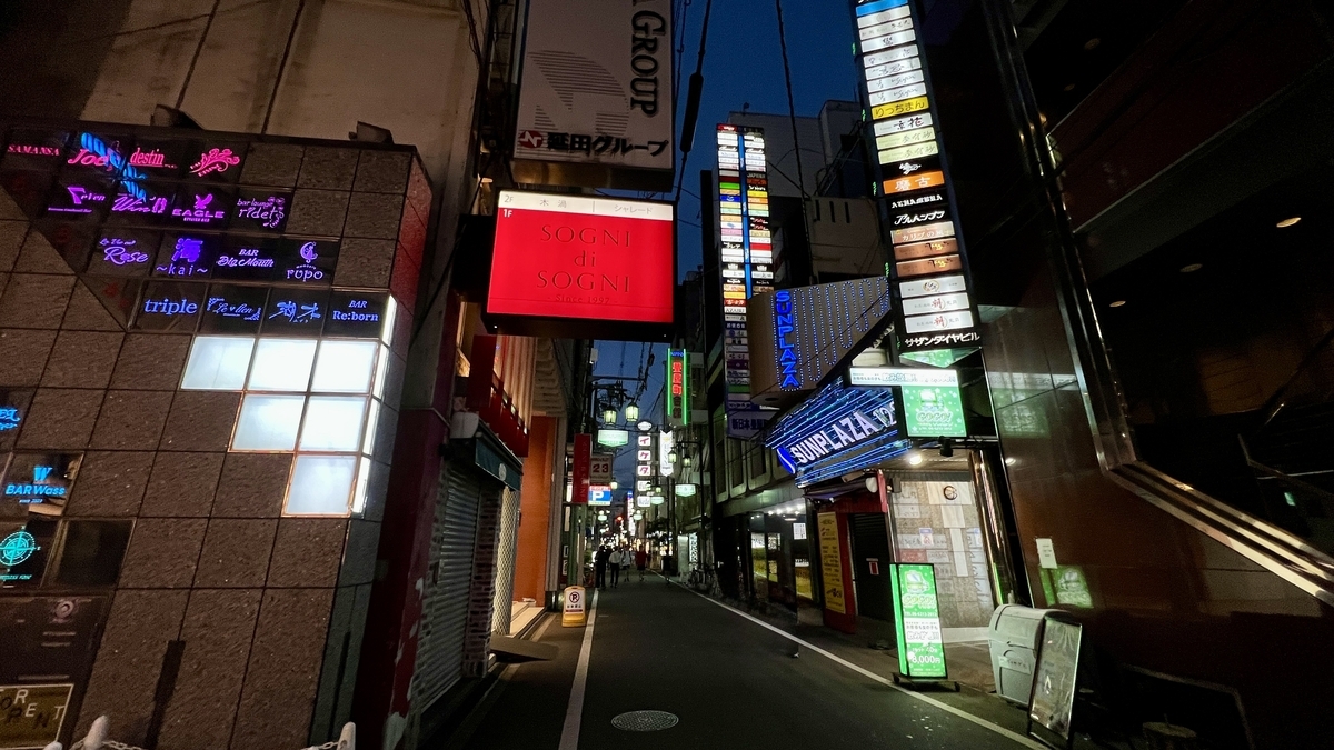 Vista nocturna de callejones llenos de restaurantes y carteles en Higashi-Shinsaibashi