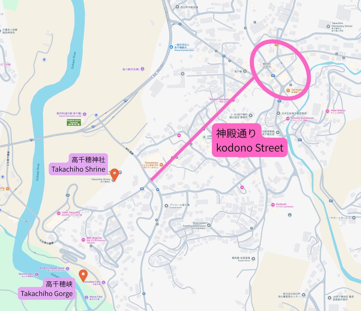 高千穂町中心部 神殿通りと周辺エリアを示した地図