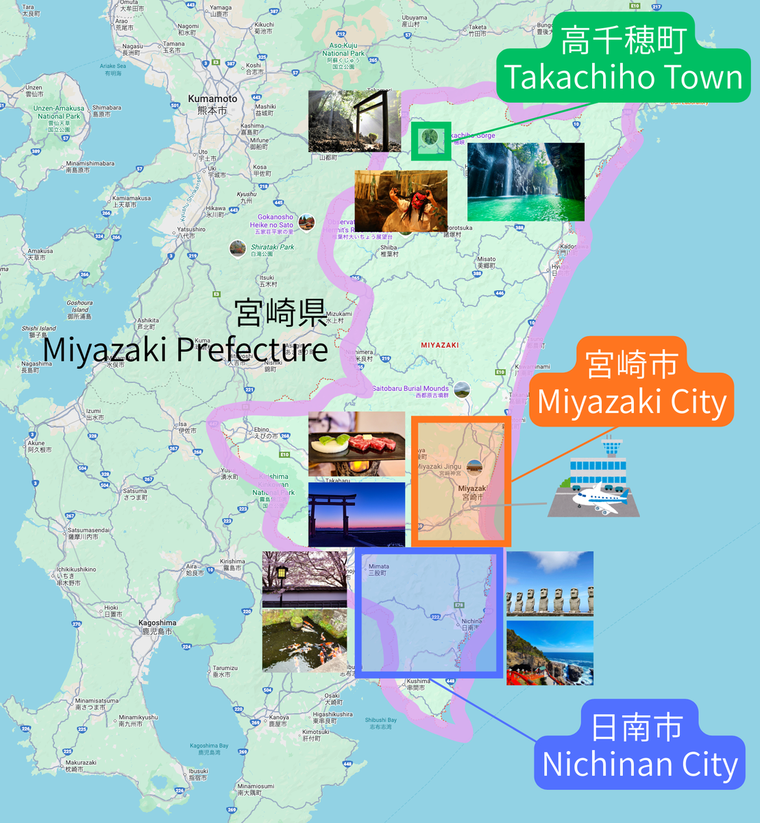 Map of Miyazaki Prefecture showing Miyazaki City, Nichinan City, and Takachiho Town