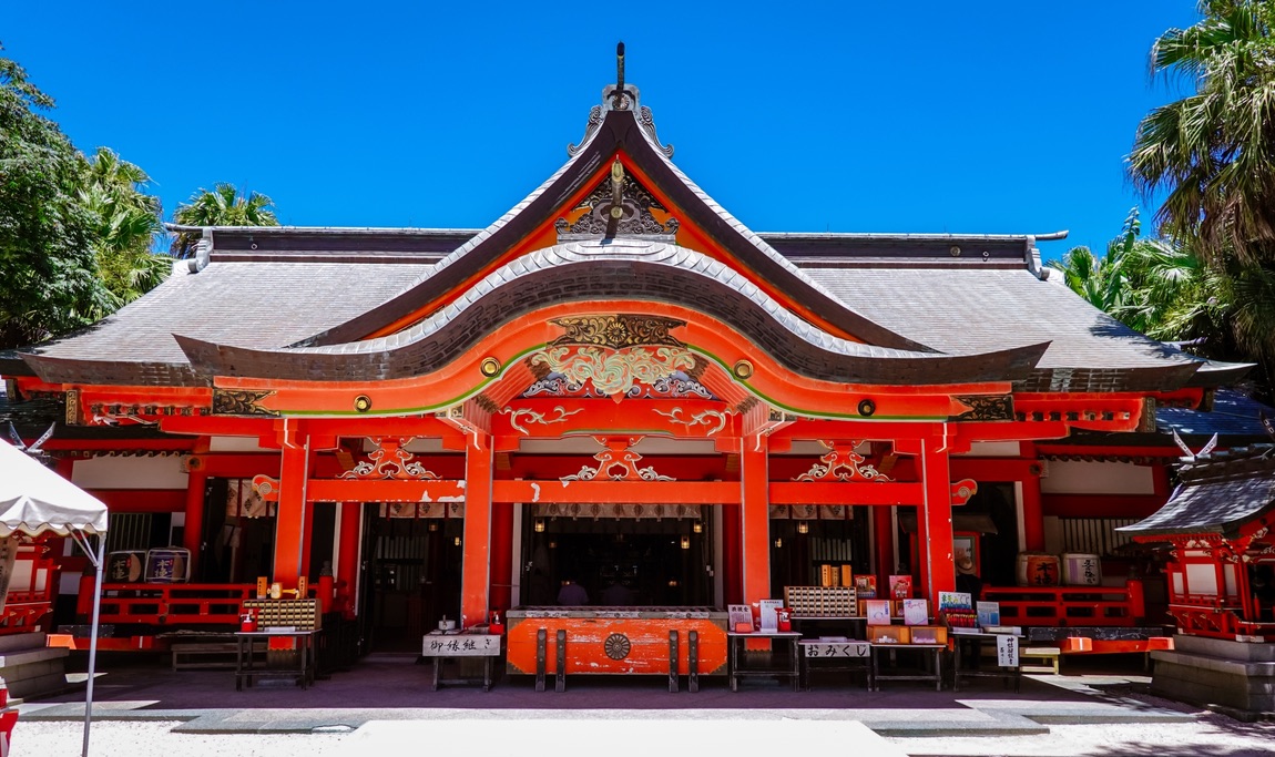 Vermilion shrine buildings and main hall of Aoshima Shrine