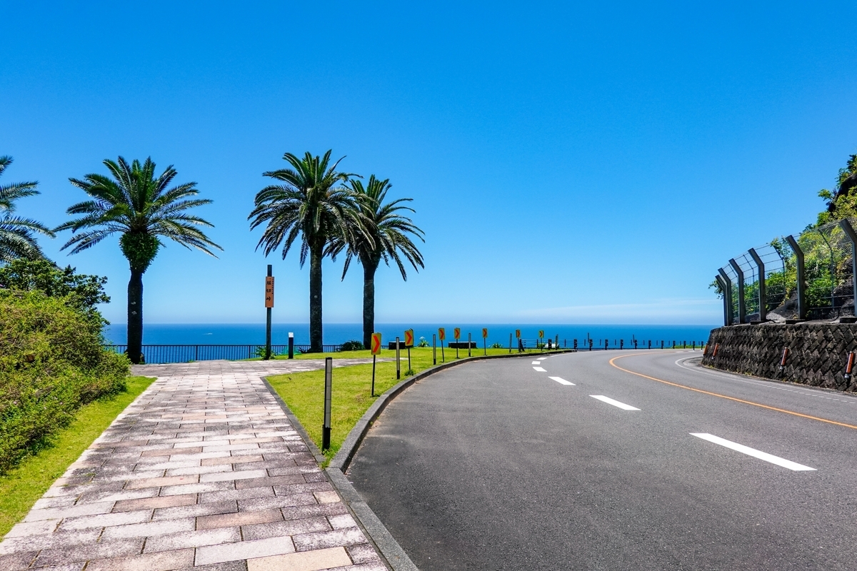 Viewing area at Horikiri Pass and curved road along the Nichinan Coast