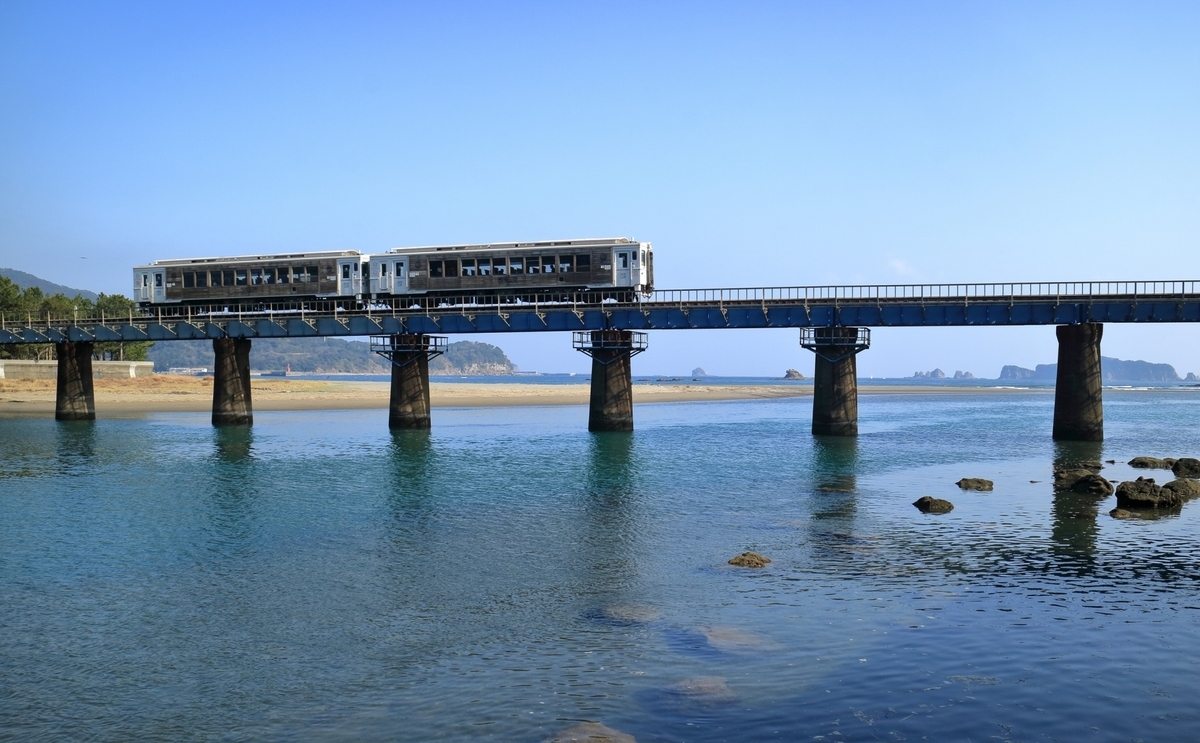 Local train crossing a bridge over the Nichinan Coast