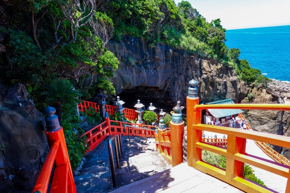 Vermilion railings leading down to Udo Jingu Shrine along the rock wall path