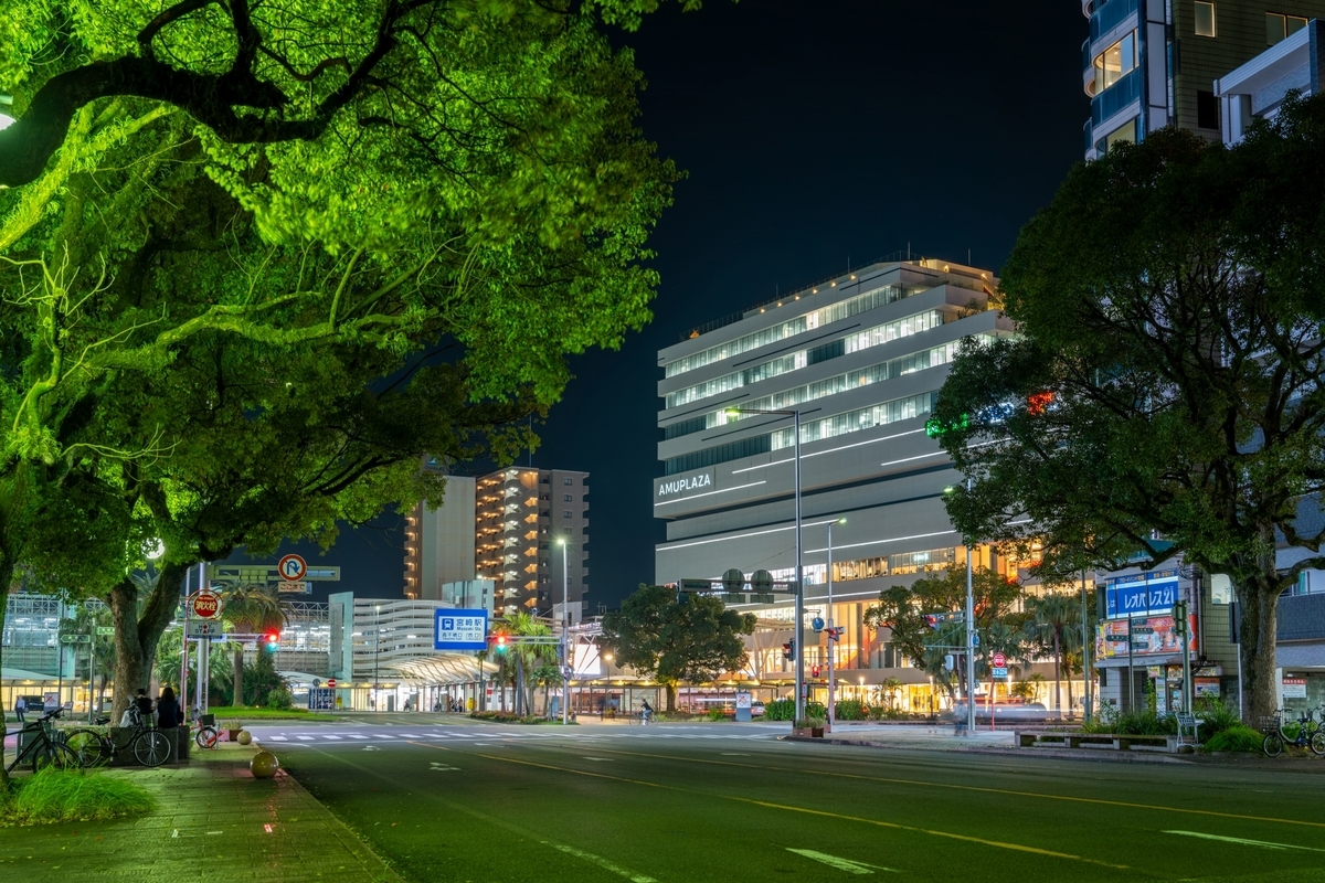 Night view of central Miyazaki City with Amu Plaza lights