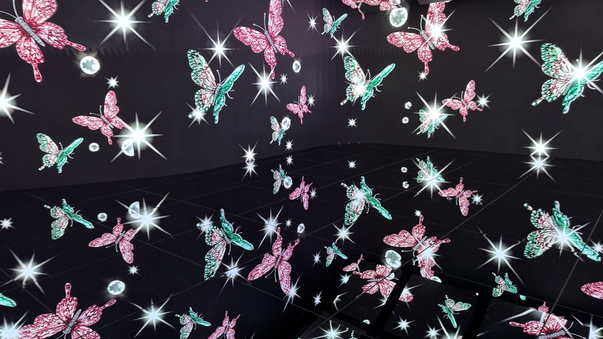 黒い空間にピンクとミントの蝶が舞い宝石の光が散るDIAMONDエリア