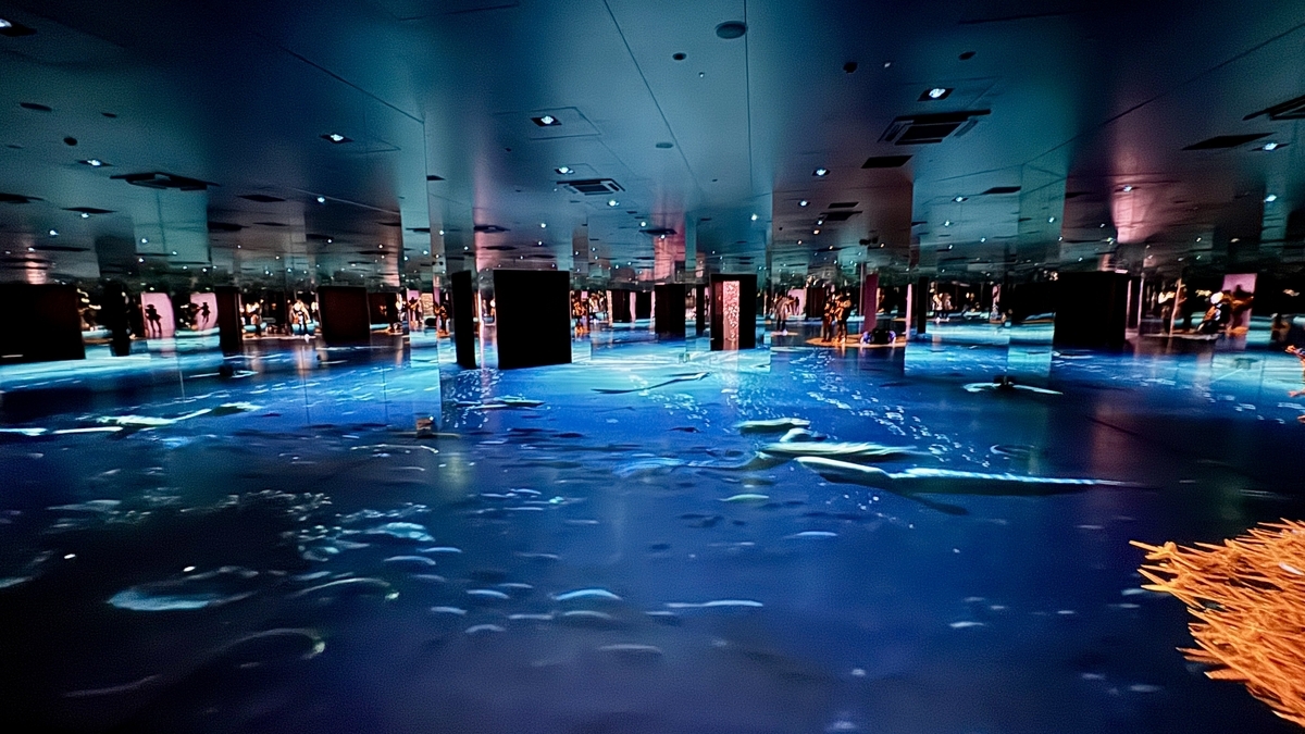 床いっぱいに水辺の映像が広がるNATUREエリアと鏡面の柱群