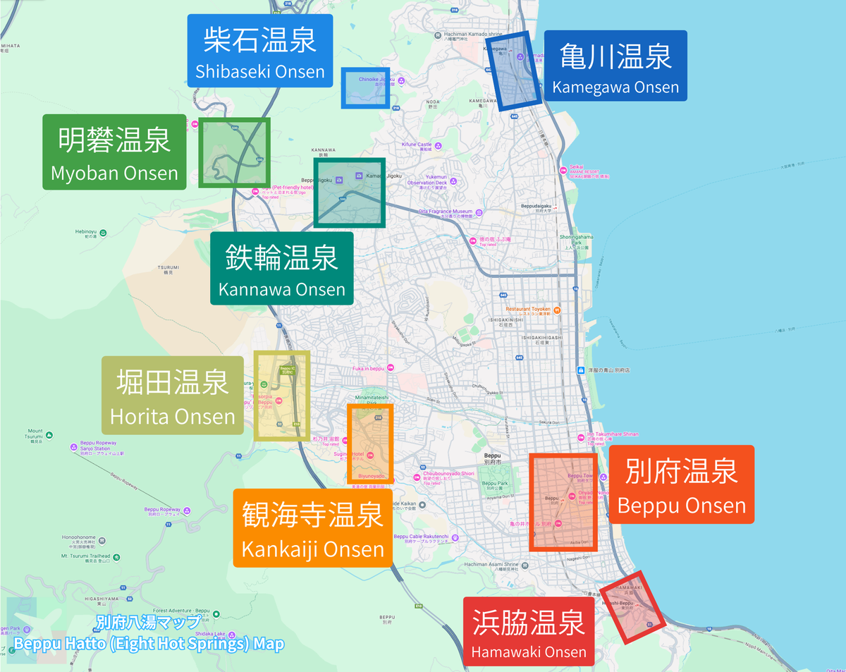 別府市内の地図に別府八湯の8つの温泉地が色分けされ名称付きで表示されたエリアマップ
