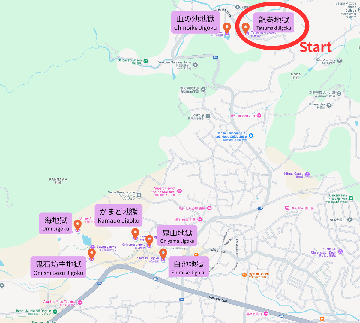 地図上で龍巻地獄の位置が赤い丸で強調されスタート地点として示された別府地獄めぐりルート案内