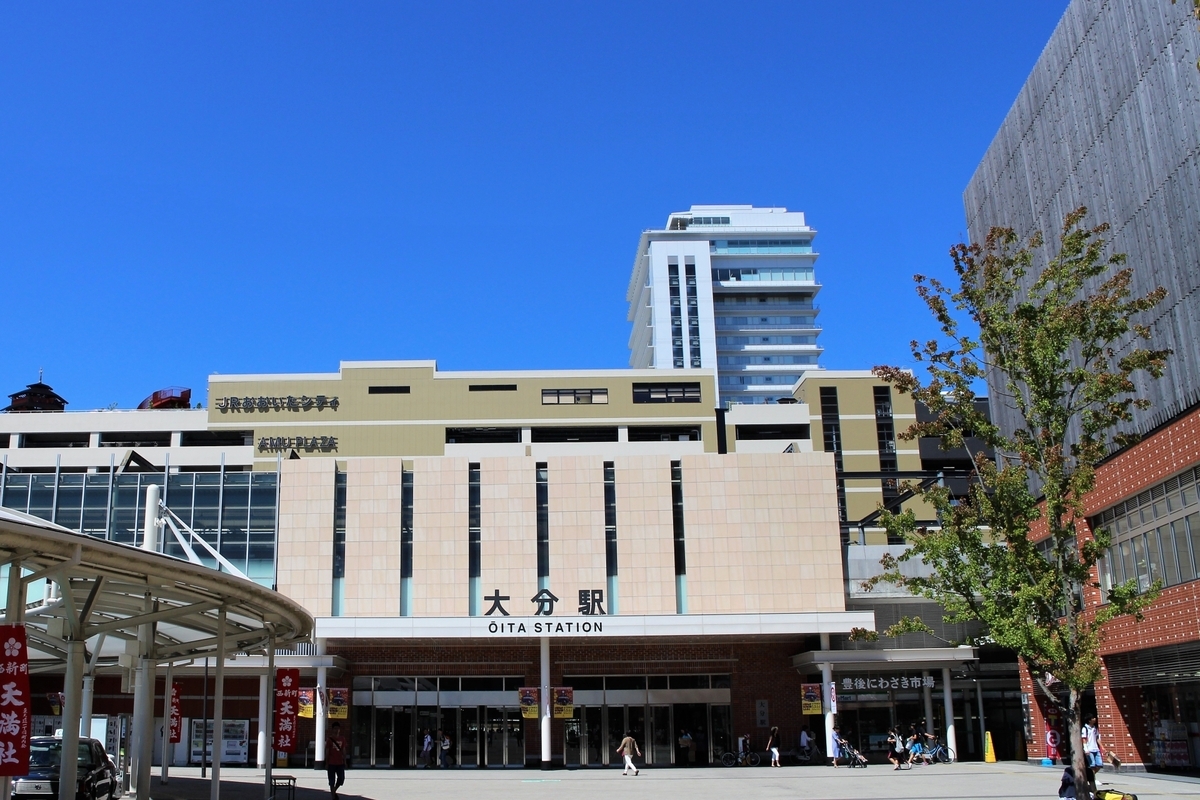 Frente del edificio de la Estacion de Oita con el letrero del nombre de la estacion visible bajo cielos azules y personas caminando en la plaza de la estacion