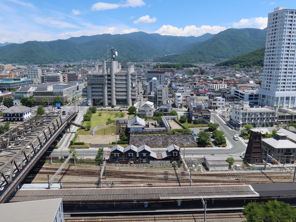 고후역의 철도와 시가지를 내려다보는 천수대의 전망