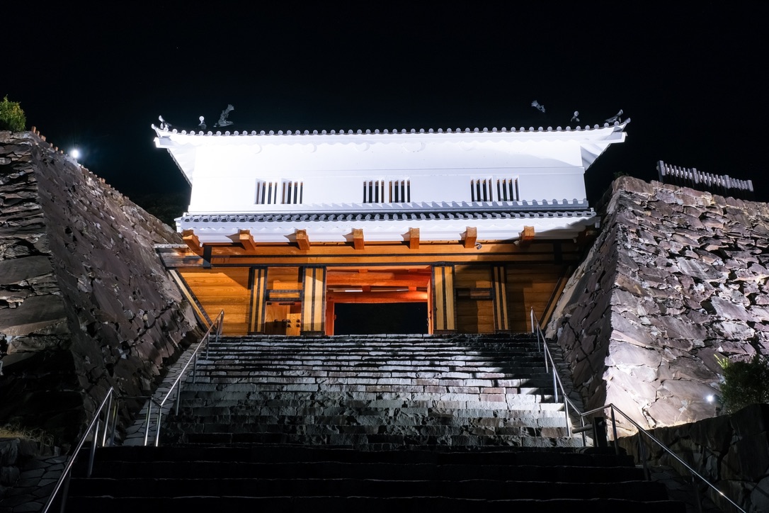밤에 조명이 켜진 쿠로가네 문과 돌계단을 올려다본 풍경