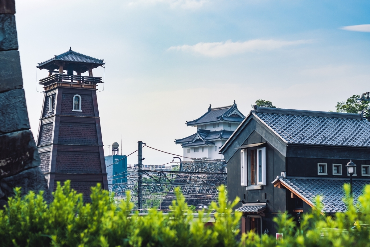 고슈 유메코지의 종루와 배경에 보이는 고후성의 흰 벽