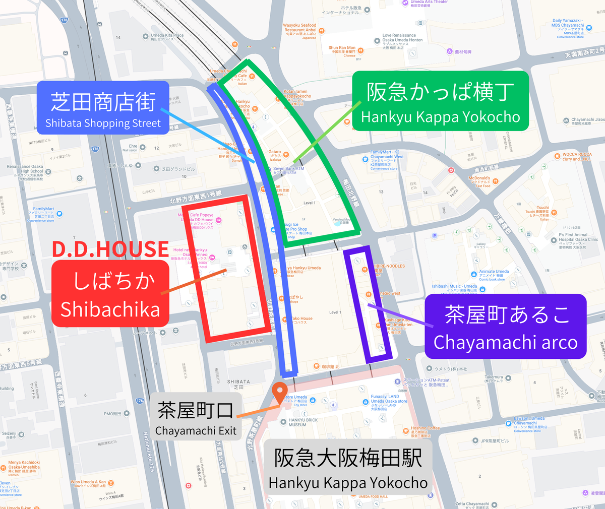 우메다 시바치카 주변 지도에 시바타 상점가, 한큐 갓파 요코초, 차야마치 아루코를 색상별로 표시한 위치 관계