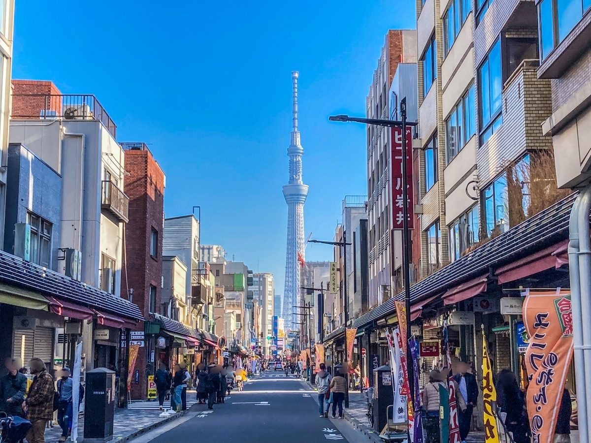 Kappabashi Kitchen Town street with kitchenware shops lining both sides and Tokyo Skytree visible in the distance
