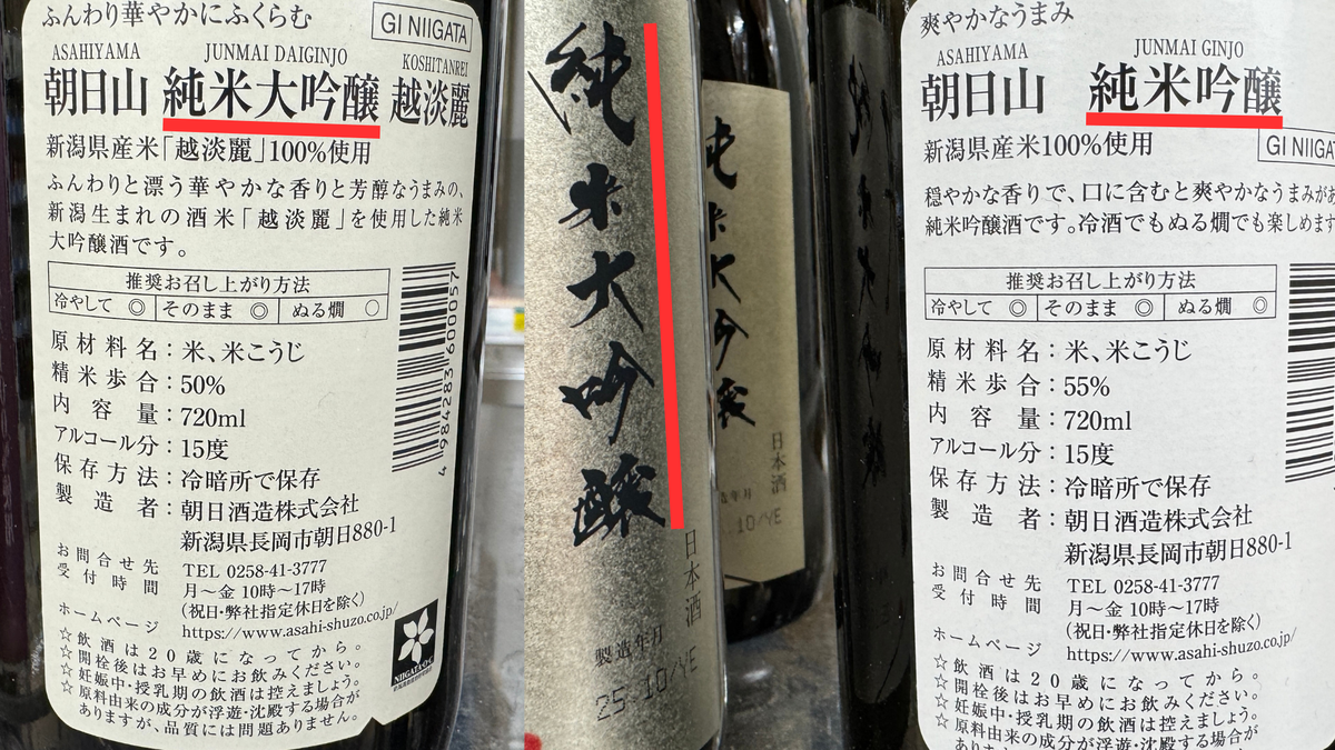 เปรียบเทียบฉลากสาเกที่แสดงระดับจุนไม ไดกินโจ และจุนไม กินโจ