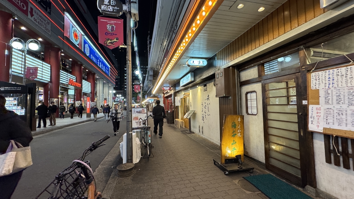 밤의 시바타 상점가 거리에 늘어선 음식점과 등불 간판 풍경