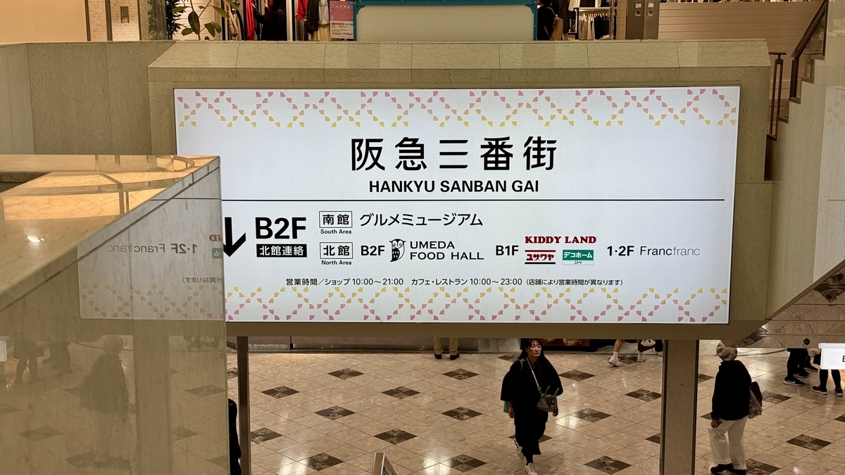 한큐 산반가이 B2F 안내판에 UMEDA FOOD HALL 위치가 표시된 관내 안내 사인