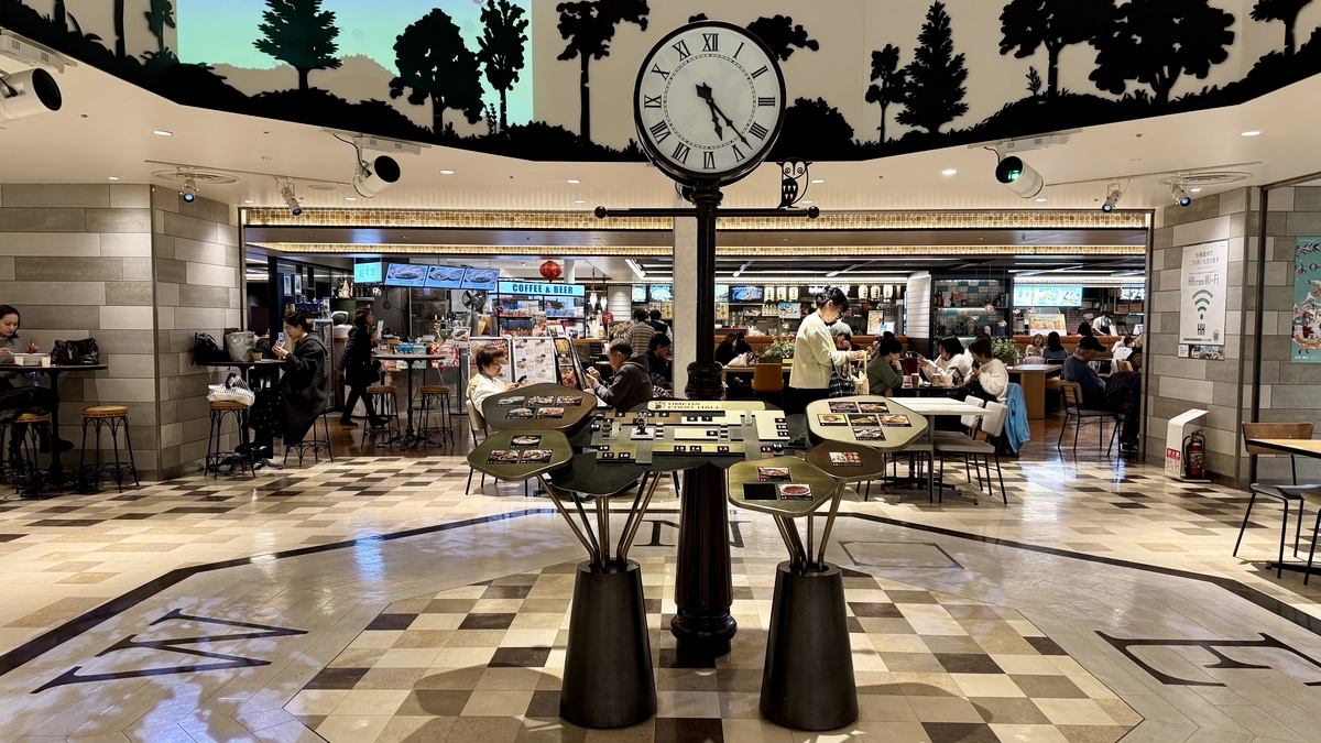 UMEDA FOOD HALL 로고 아래로 에스컬레이터가 이어지는 북관 B2층 플로어 입구