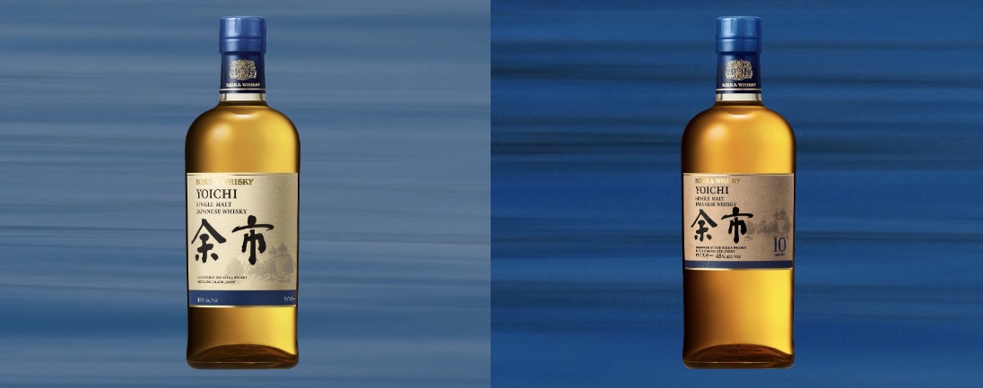 青い背景に余市ラベルのボトル二本が左右に並ぶ商品画像