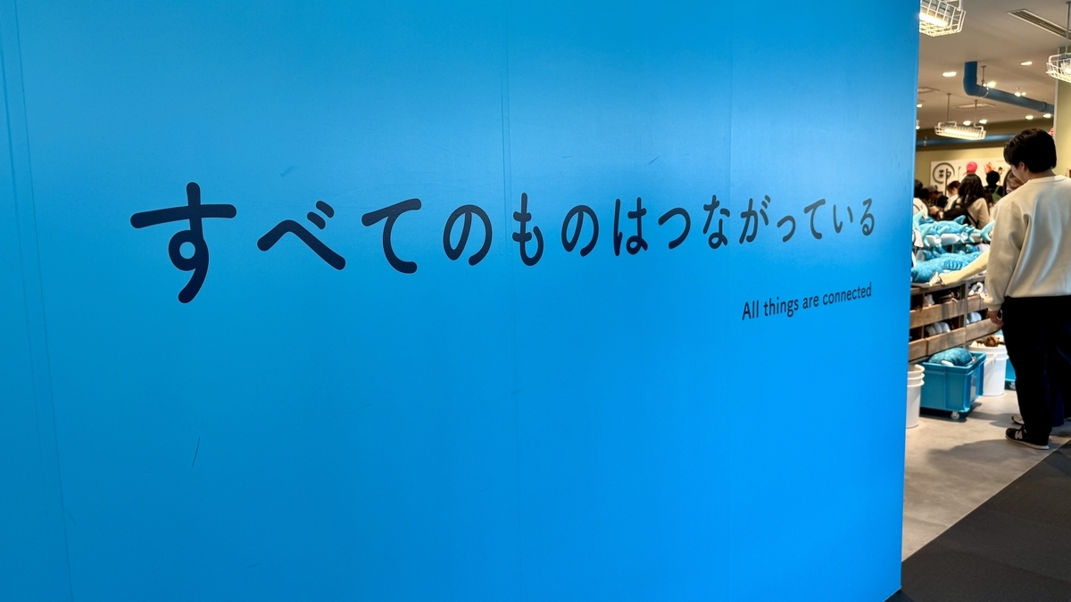 すべてのものはつながっていると書かれた青い壁面展示