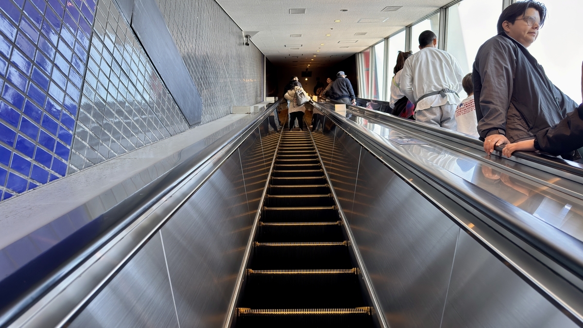 8층을 향해 뻗어 있는 긴 에스컬레이터를 아래에서 올려다본 구도