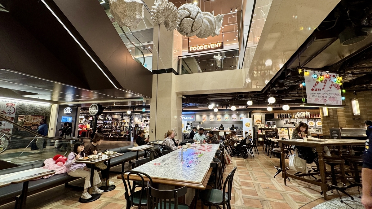 エスカレーター脇の共有席で食事する家族連れと利用客