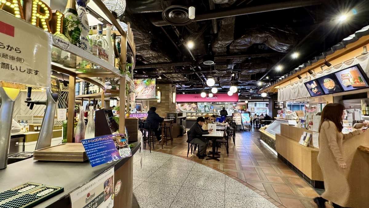 17店舗が並ぶ心斎橋フードホール中央通路の景観