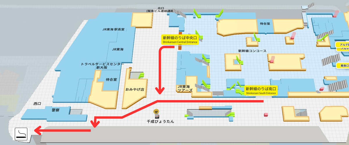从新干线中央口和南口前往西口方向的路线图