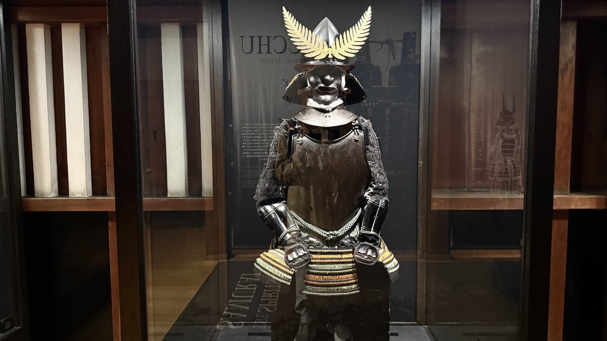 金色の羽根飾りを付けた黒い甲冑