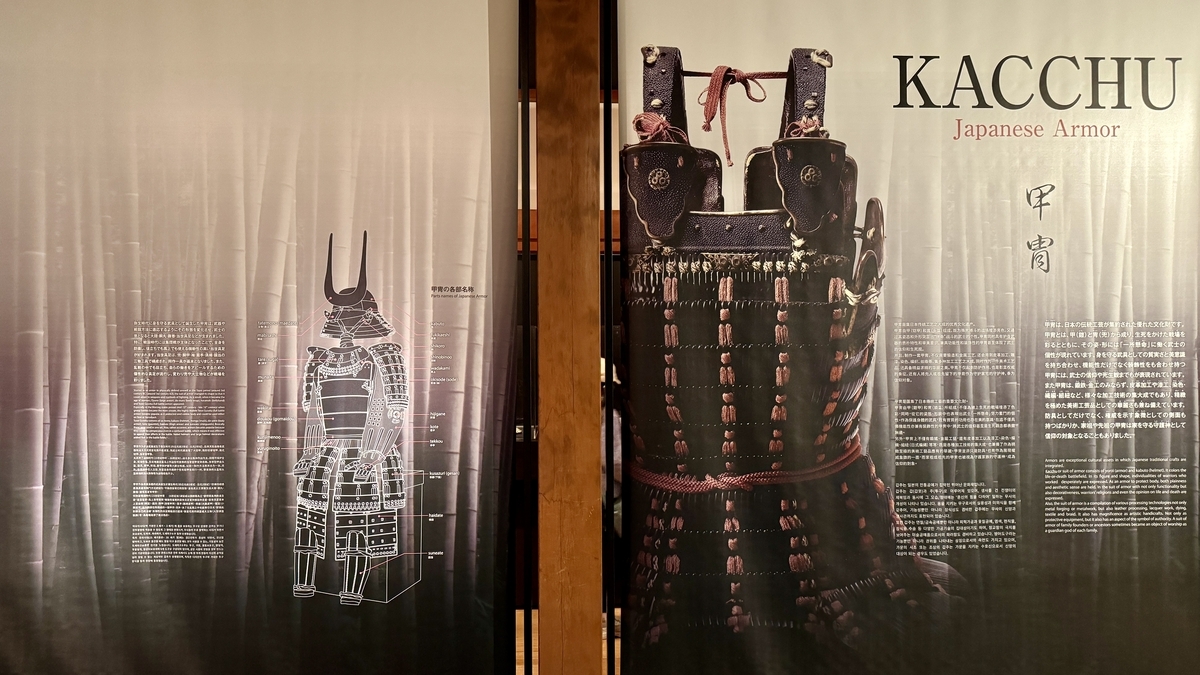 甲冑の構造を解説する竹林背景の展示パネル