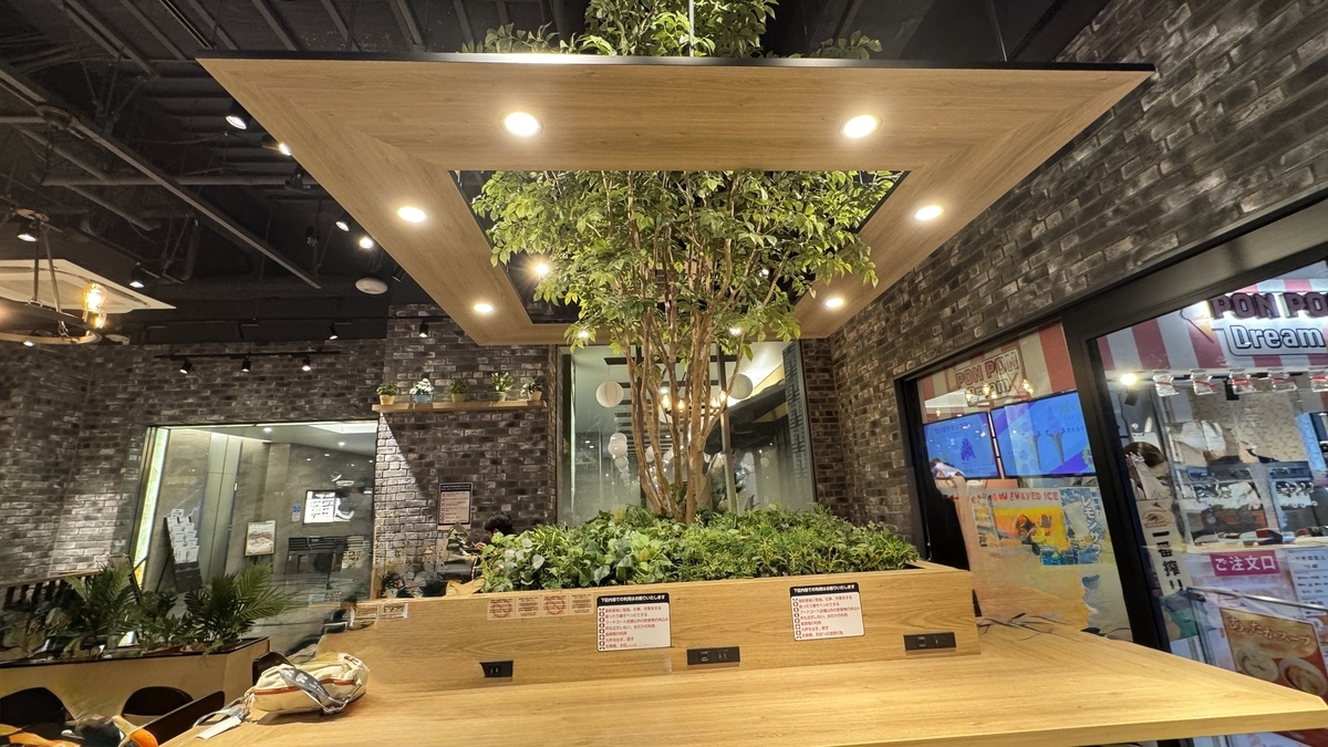 中央に植栽を配した西湘フードスタジアムのテーブル席