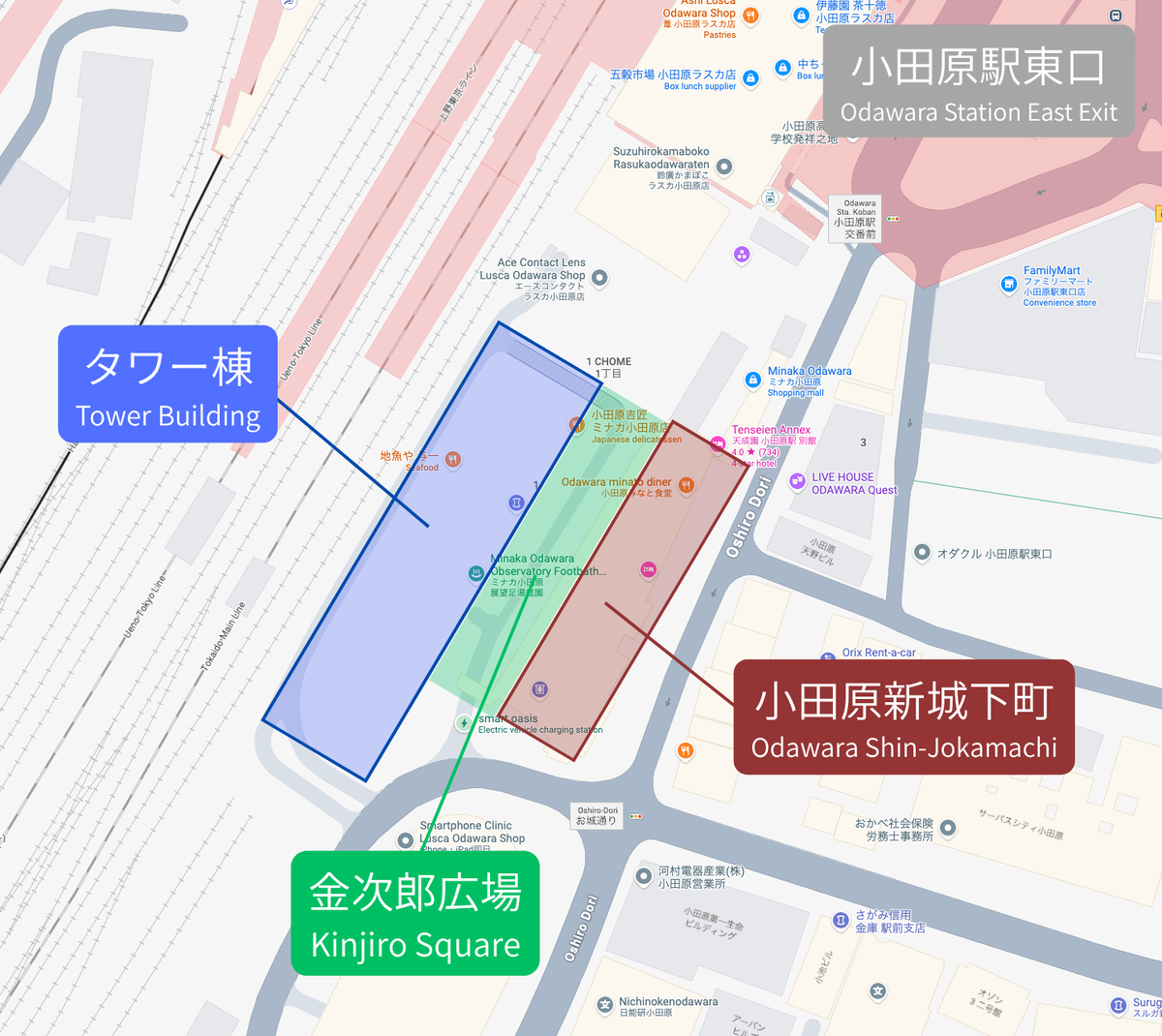 แผนผังแสดงตำแหน่งของอาคารทาวเวอร์ Odawara Shin-Jokamachi และลาน Kinjiro