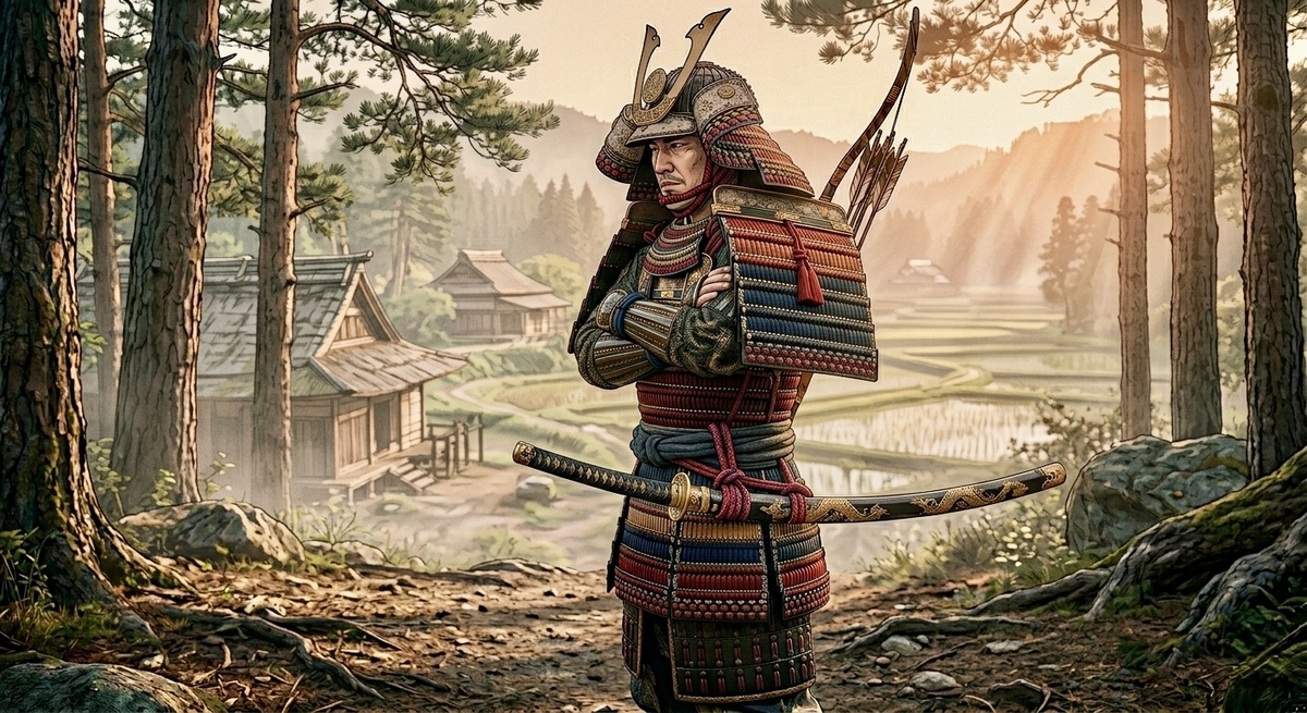 身著鎧甲、腰佩太刀的武士