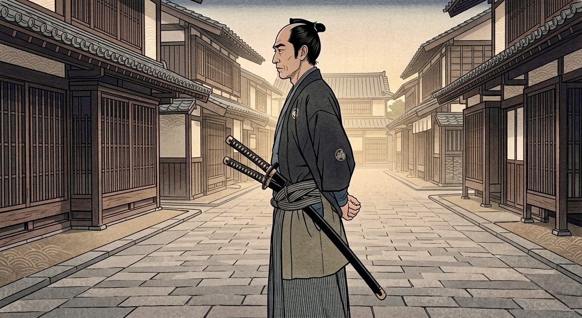 城下町中腰間佩戴大小兩把刀的武士